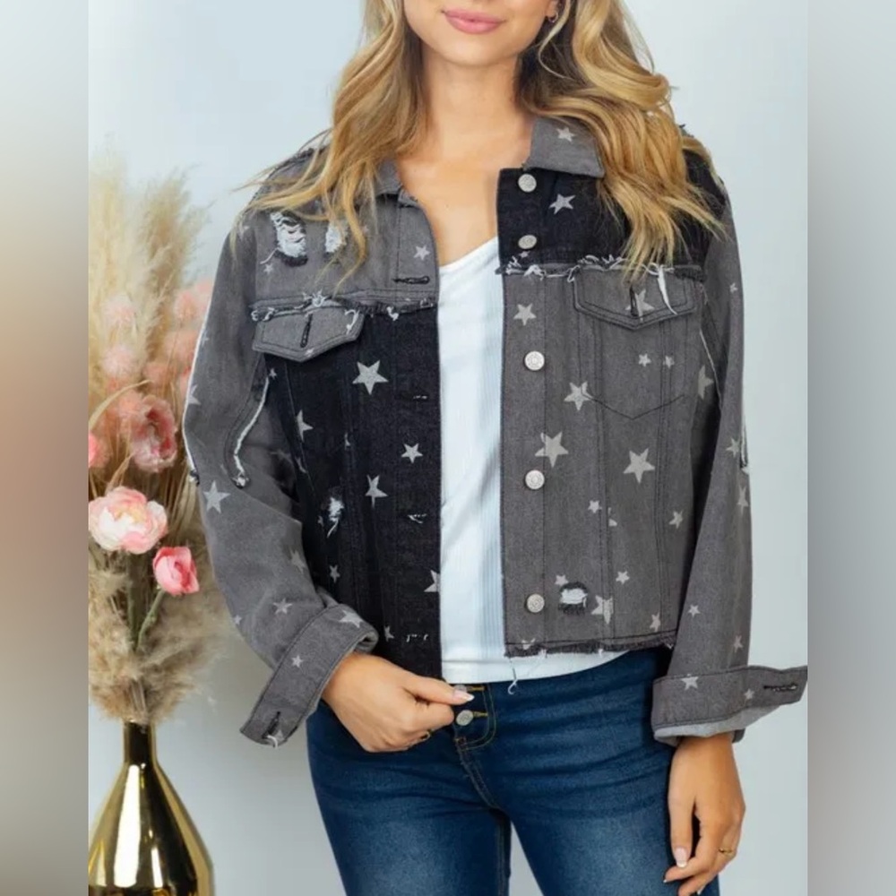 New! White Birch Distressed Denim Jacket With Star Print Detail